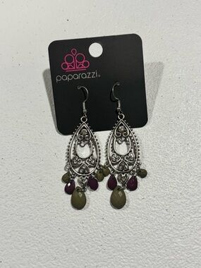 Silver Filigree Teardrop Earrings with Olive and Plum Beads